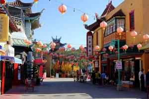 Central Plaza in LA Chinatown with Chinese architecture