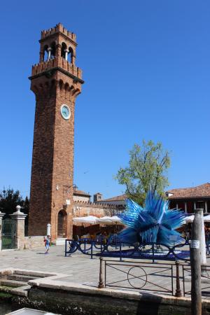 Clock Tower in Murano with a modern glass sculpture