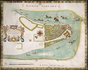 A painting depicting the Dutch settlement of New Amsterdam