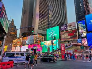 A bustling view of Times Square at night