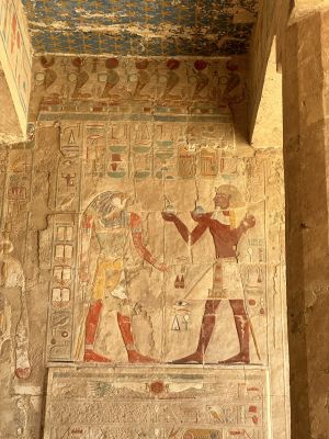 A modern statue of a Sphinx at the Temple of Hatshepsut