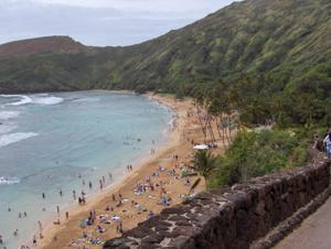 Overhead view of the crescent-shaped Hanauma Bay